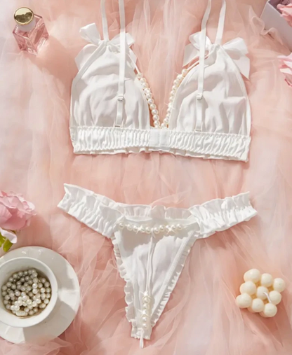 Sexy Satin Cream Pearl Bra & Thong Lingerie Set UK