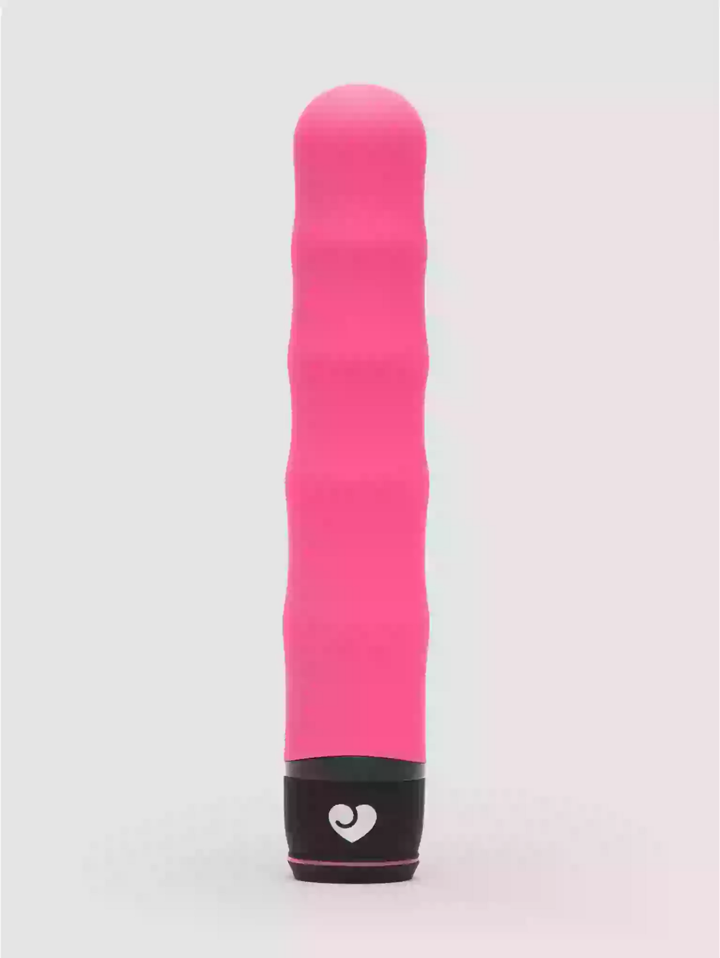 Pink and black device with a heart logo on a light gray background