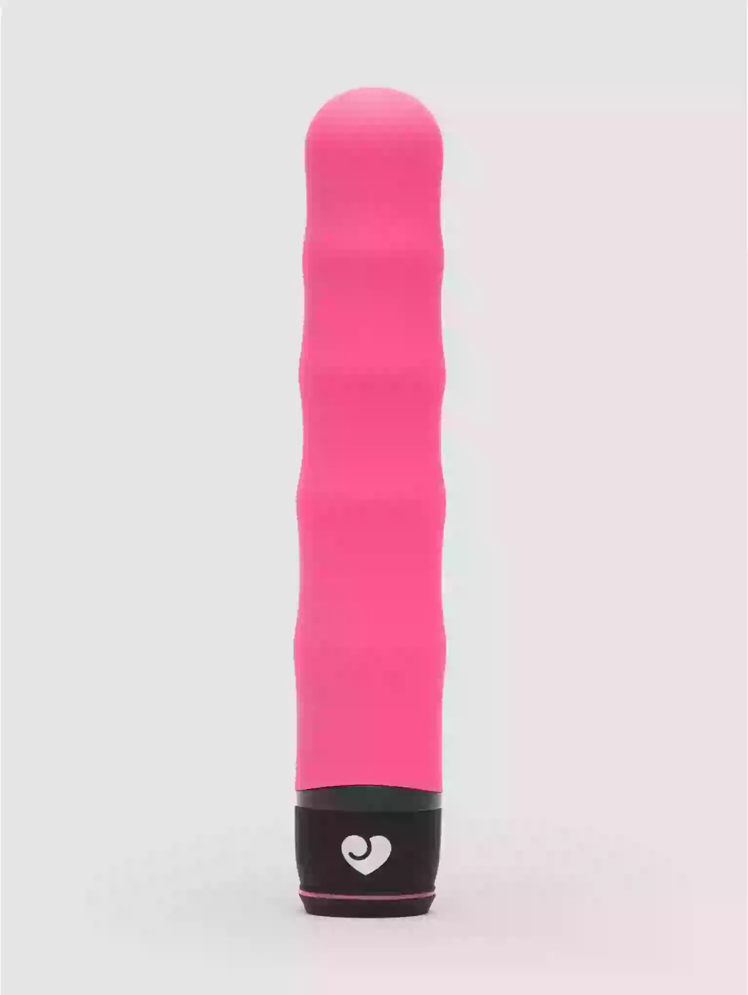 Pink and black device with a heart logo on a light gray background