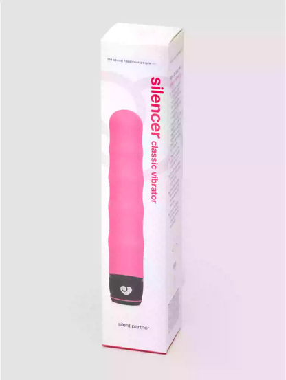 Pink 'silencer' classic vibrator packaging on a white background