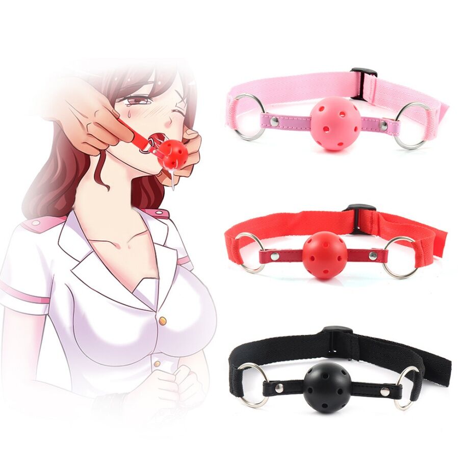 Set of pink, red, and black ball gags with an illustration of a person wearing a red gag.