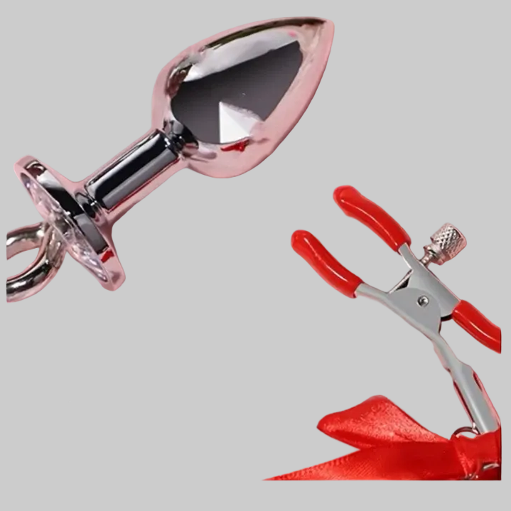 Metallic and red clamps on a gray background