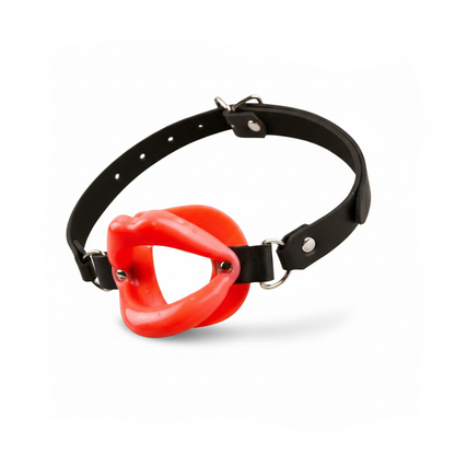 Black leather collar with a red plastic dog muzzle on a white background