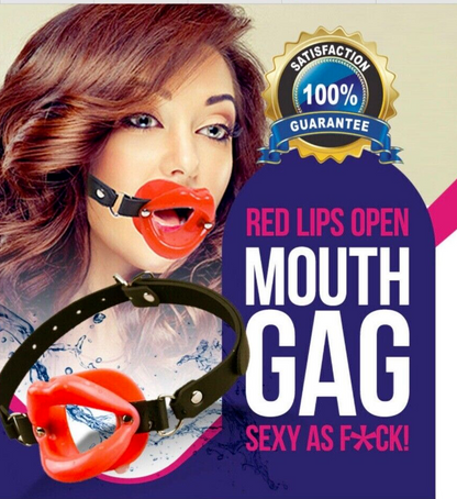 Mouth gag product with a model wearing it, on a colorful background with text and graphics.