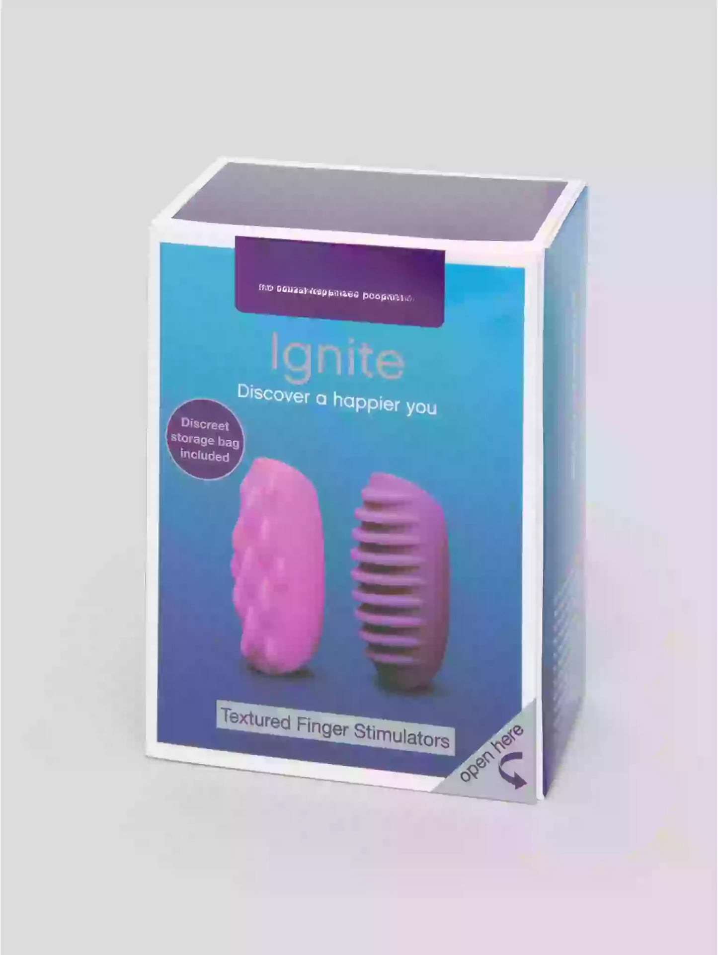 Box of textured finger stimulators with 'Ignite' branding on a gray background