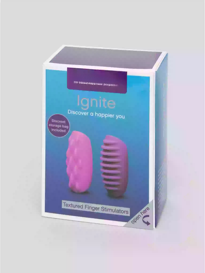 Box of textured finger stimulators with 'Ignite' branding on a gray background