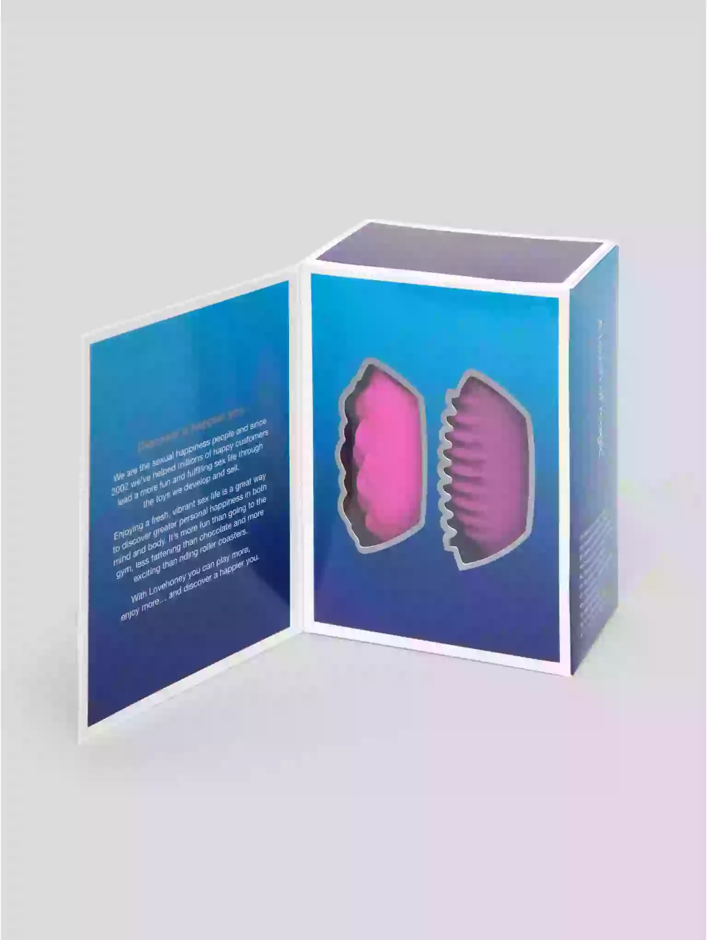 Open box with pink interior on a gray background