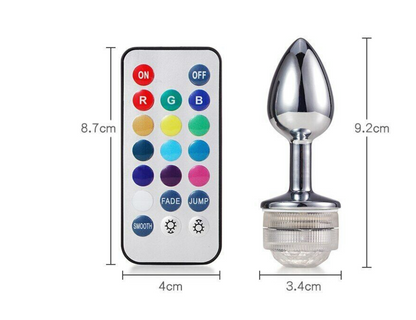 LED light bulb with remote control and measurements on a white background