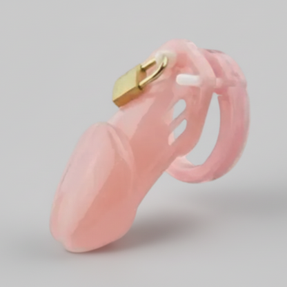 Pink device with a gold component on a gray background