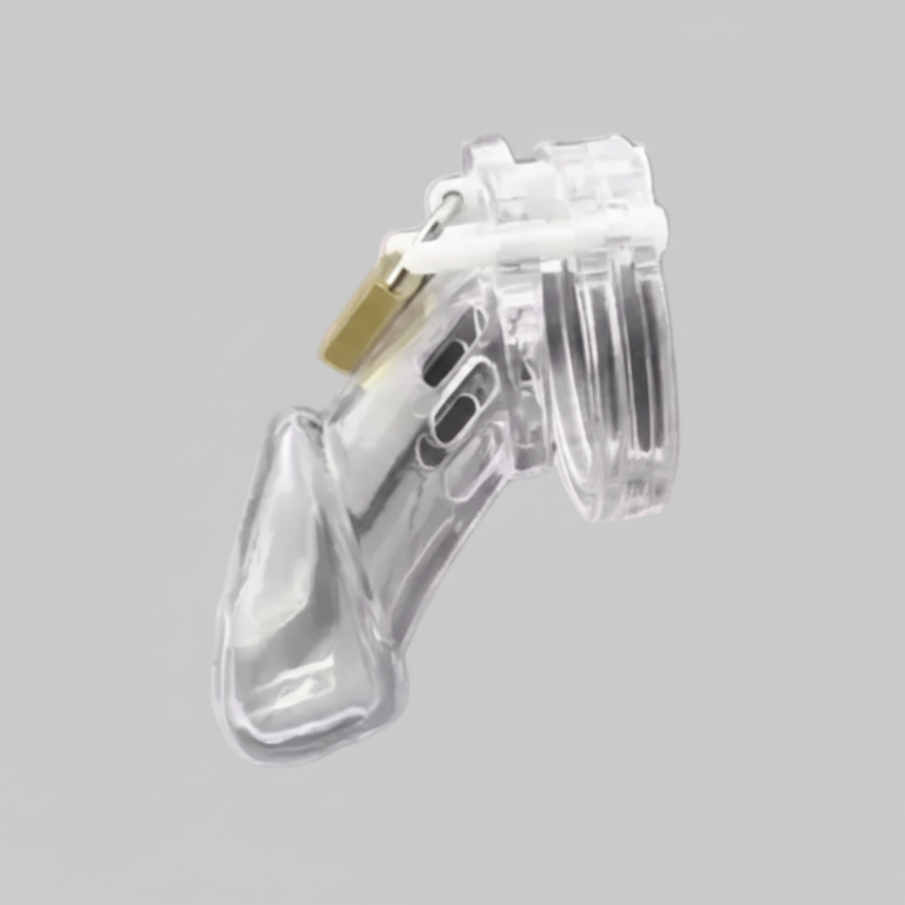 Clear plastic device with a gold clip on a gray background