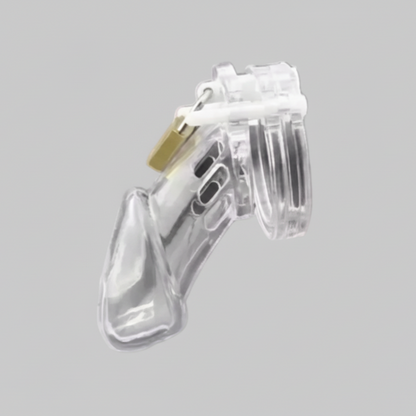 Clear plastic device with a gold clip on a gray background