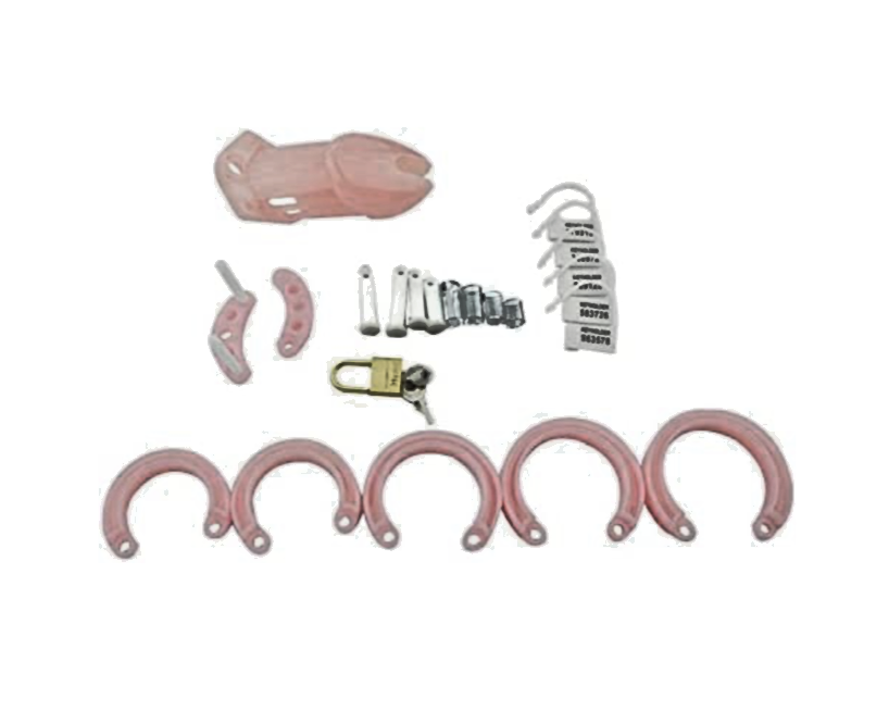 Set of pink hooks and related components on a white background