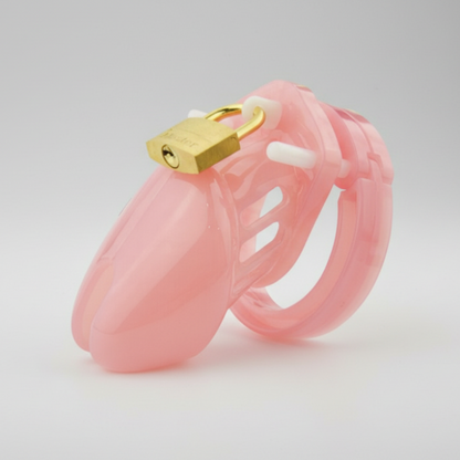 Pink plastic restraint device with a gold lock on a light gray background