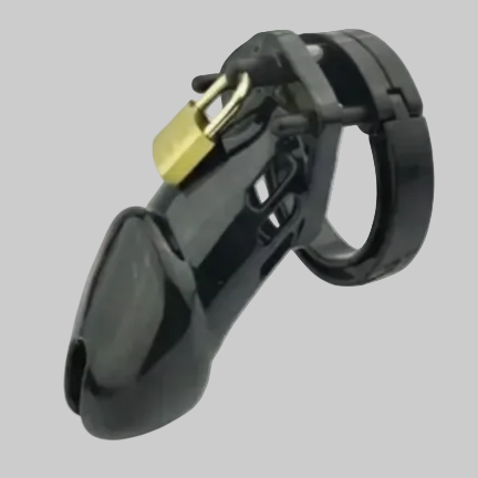 Black plastic clip with a gold lock on a gray background