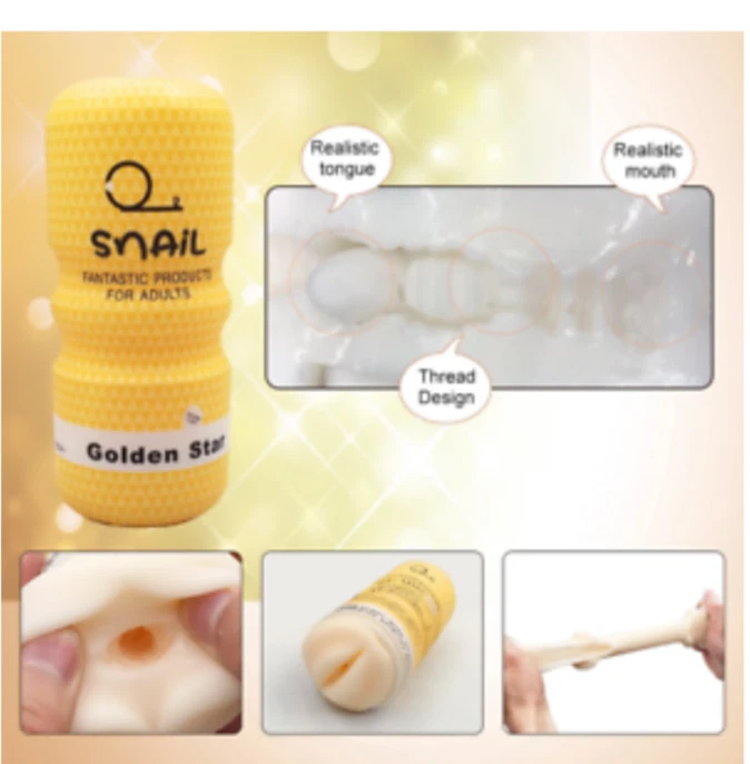 Product packaging with text and images of a realistic product for adults, featuring a yellow container and close-up details.