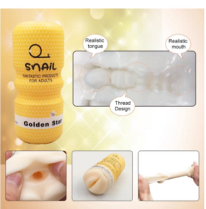 Product packaging with text and images of a realistic product for adults, featuring a yellow container and close-up details.