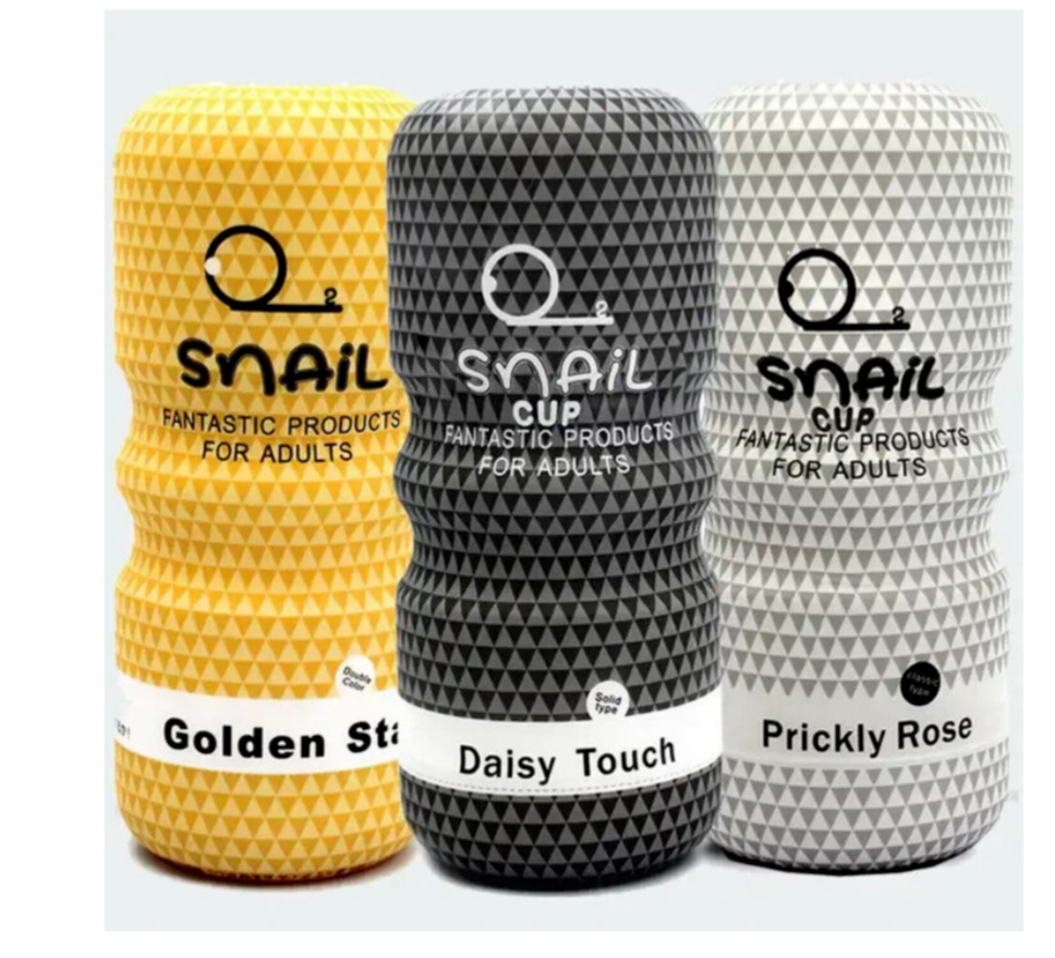 Three cylindrical products labeled 'Snail Cup' with different scents on a white background.