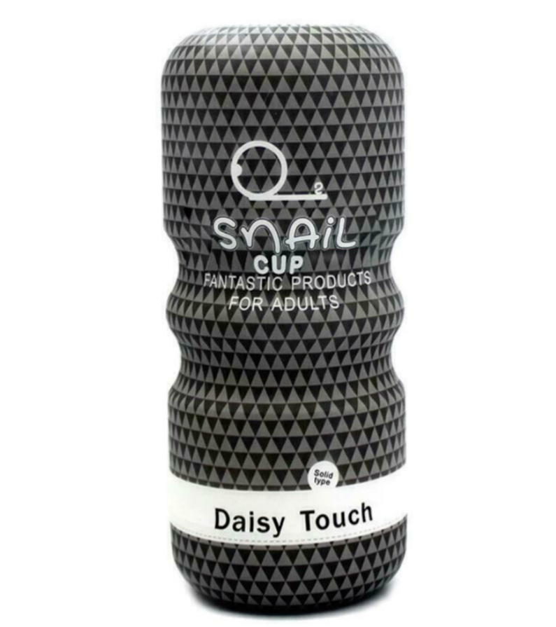 Black and white patterned product container with text on a white background