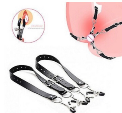 BDSM clit and thigh spreader – adjustable clamps with bondage wrap, adult restraint kit for intimate roleplay, UK body-safe sex toy