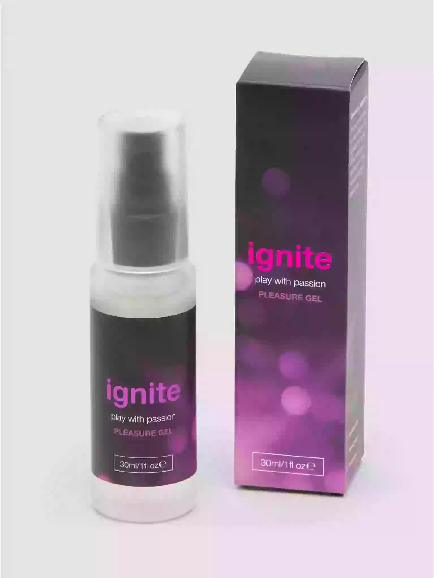 Ignite pleasure gel bottle and packaging on a white background