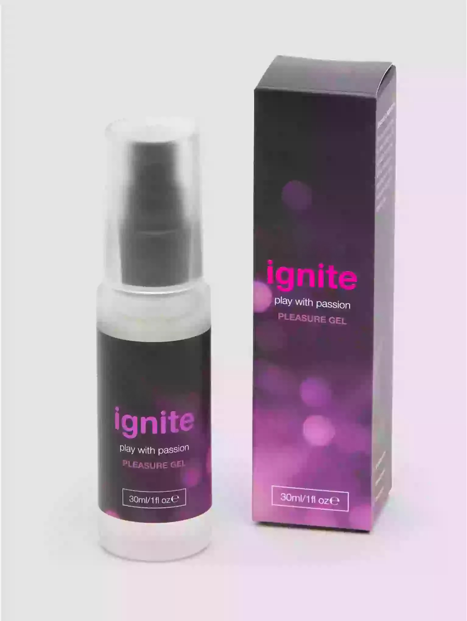 Ignite pleasure gel bottle and packaging on a white background