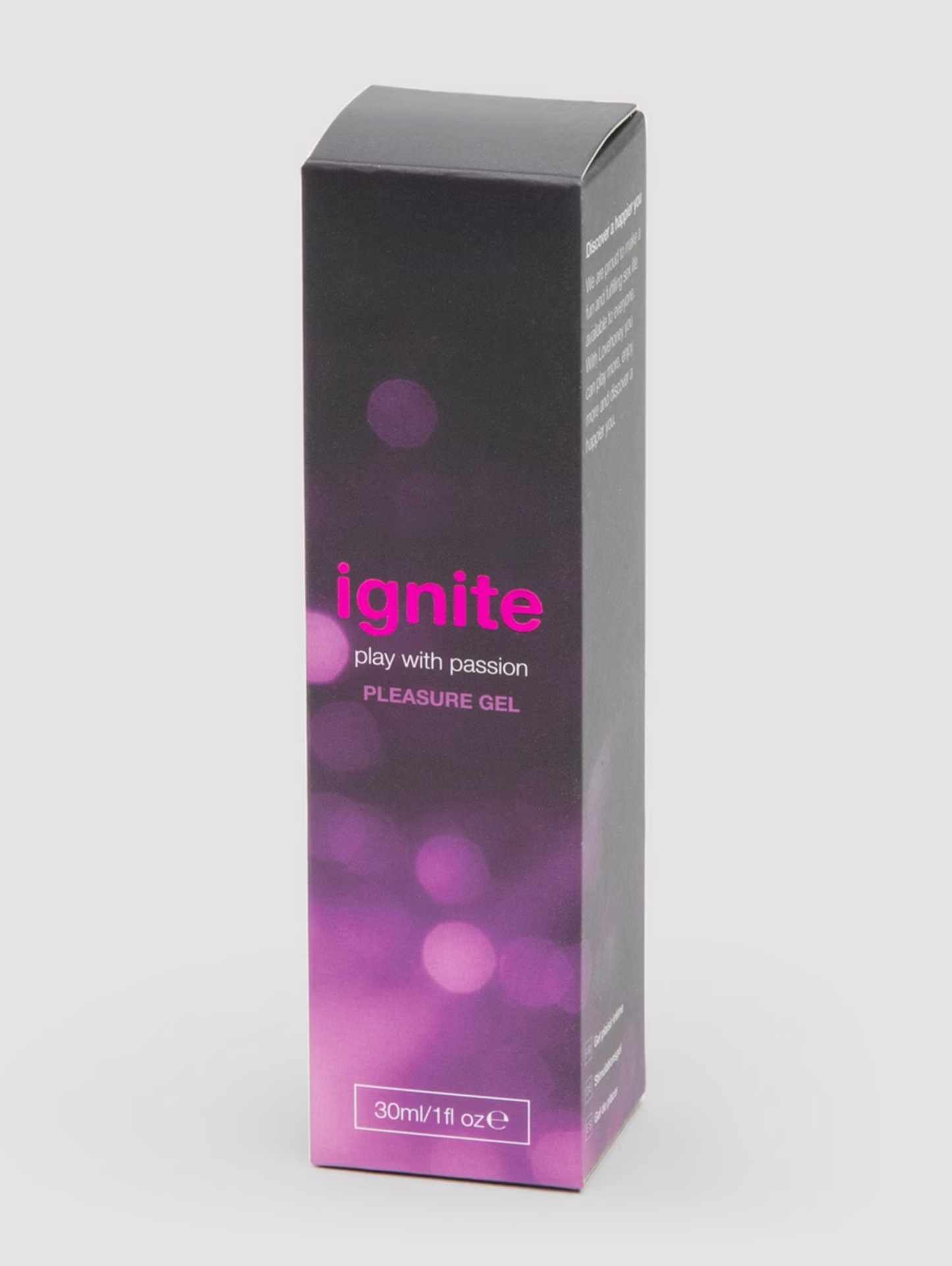 Box of 'ignite' pleasure gel with purple design on a white background