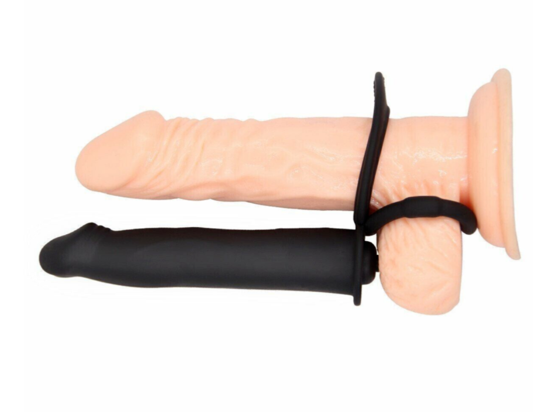 Sexual product with black and beige components on a white background