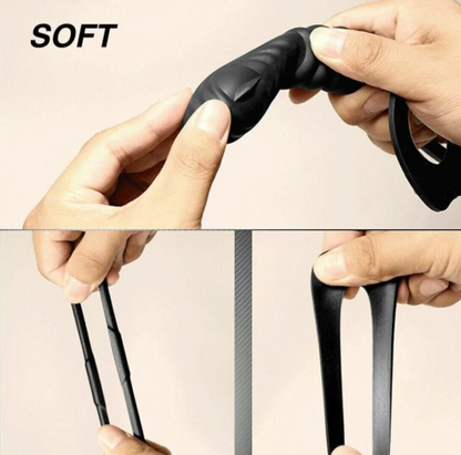 Hands holding and stretching a black flexible handle with 'SOFT' text above.