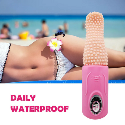 Pink and beige massager on a person's leg with beach background