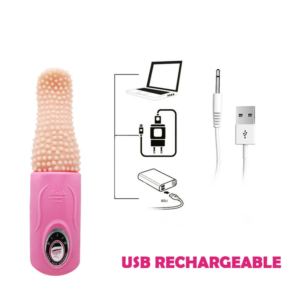 Pink handheld massager with USB cable and charging diagram on a white background