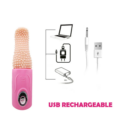 Pink handheld massager with USB cable and charging diagram on a white background