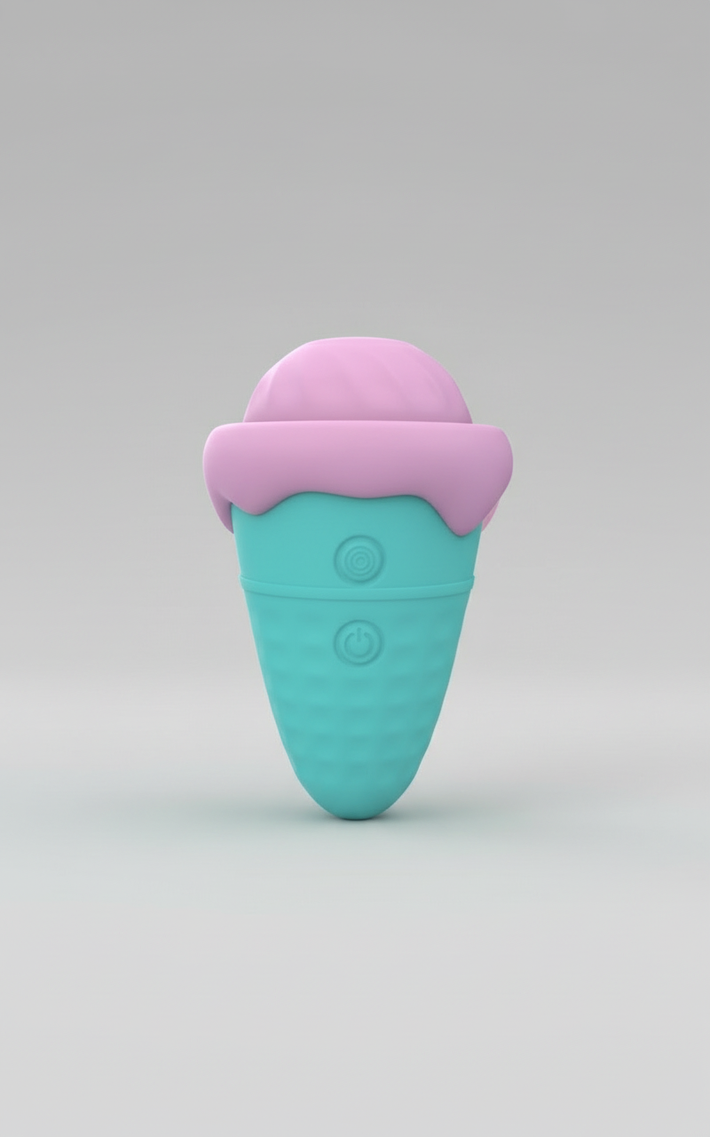 Ice cream-shaped toy with pink top and teal base on a light gray background