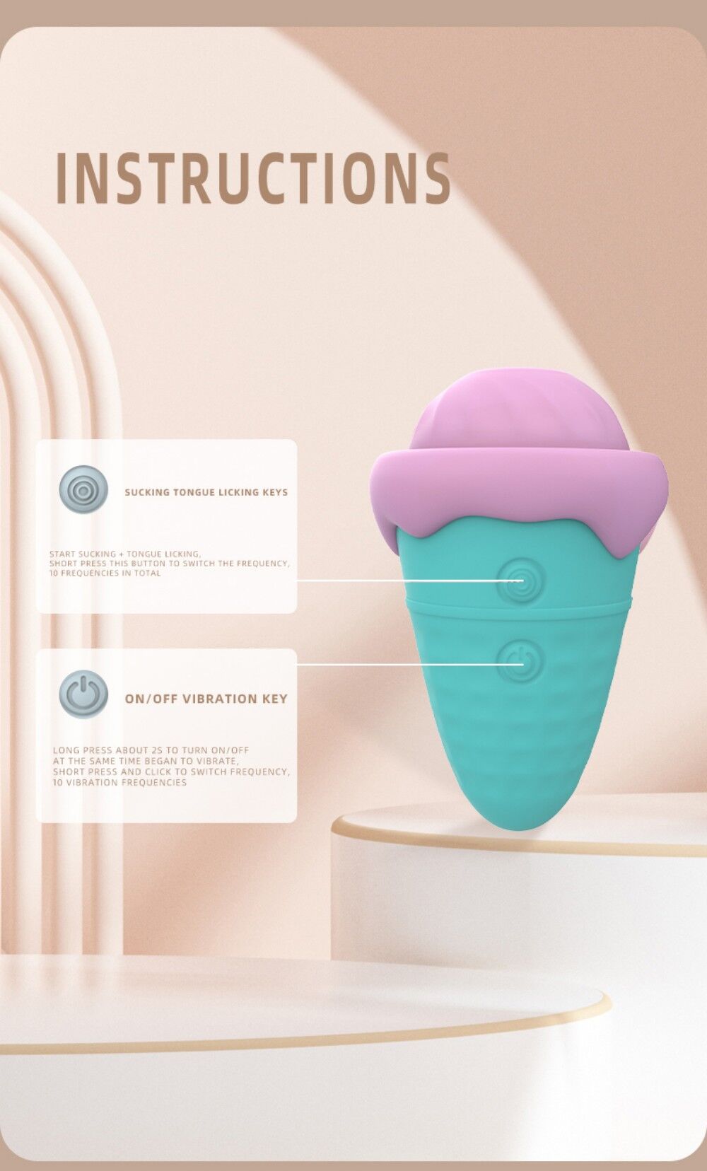 Turquoise and purple silicone ice cream-shaped product with instructions on a beige background