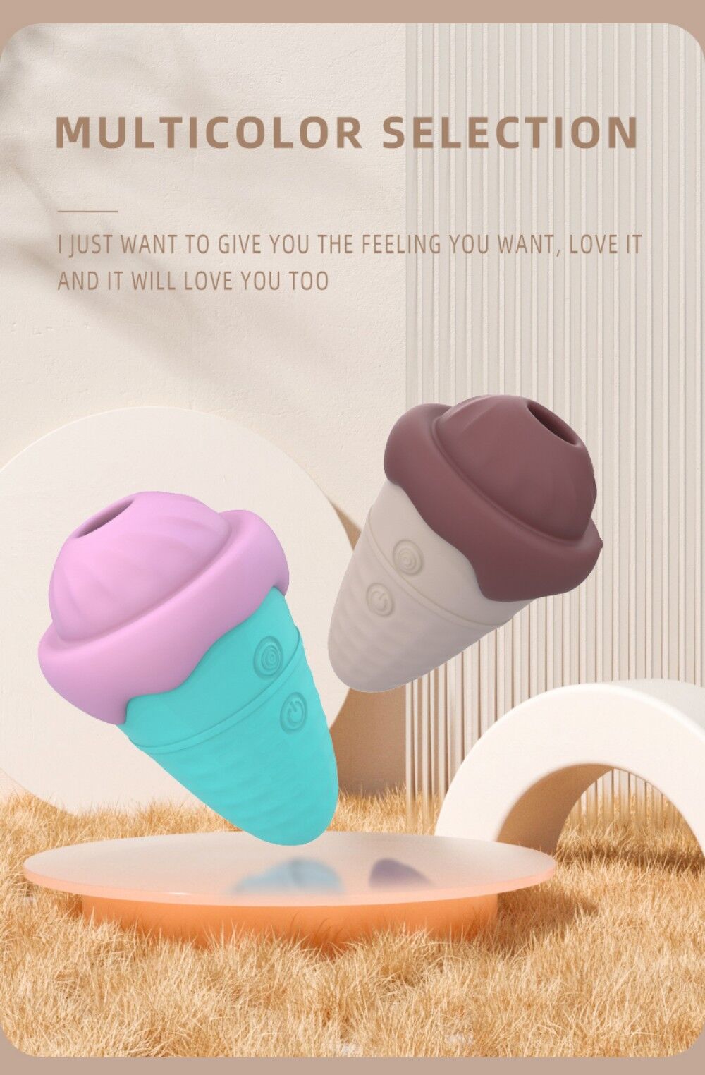Two colorful ice cream-shaped objects on a grassy surface with text about multicolor selection.