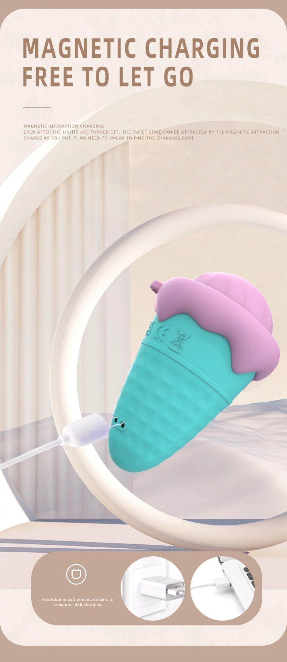 Magnetic charging device with a purple and teal design on a beige background