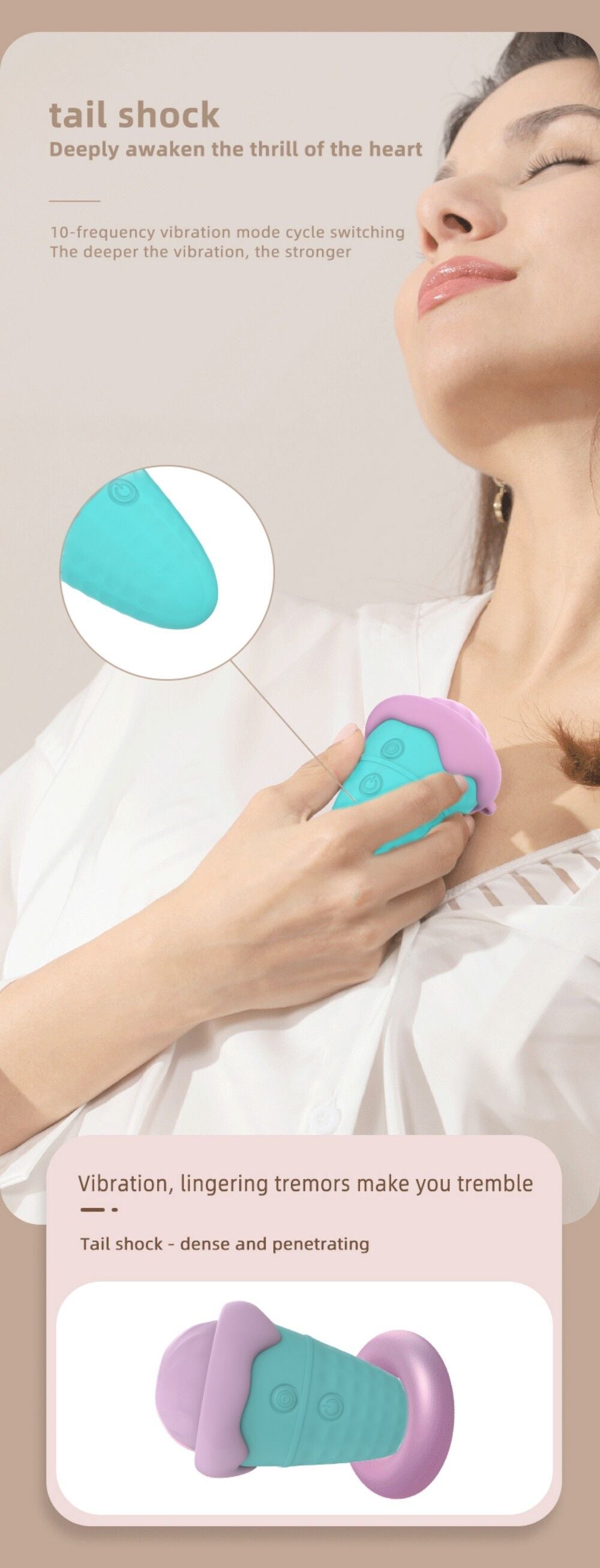 Product advertisement for a device with text and close-up of user using it.