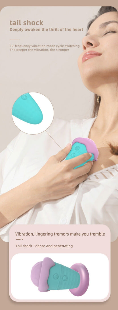 Product advertisement for a device with text and close-up of user using it.