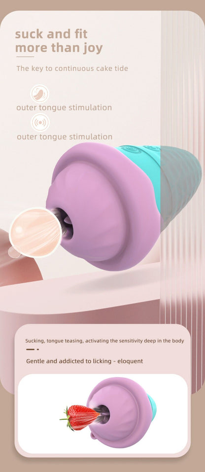 Product packaging with a purple and green item, likely a sex toy, on a beige background.