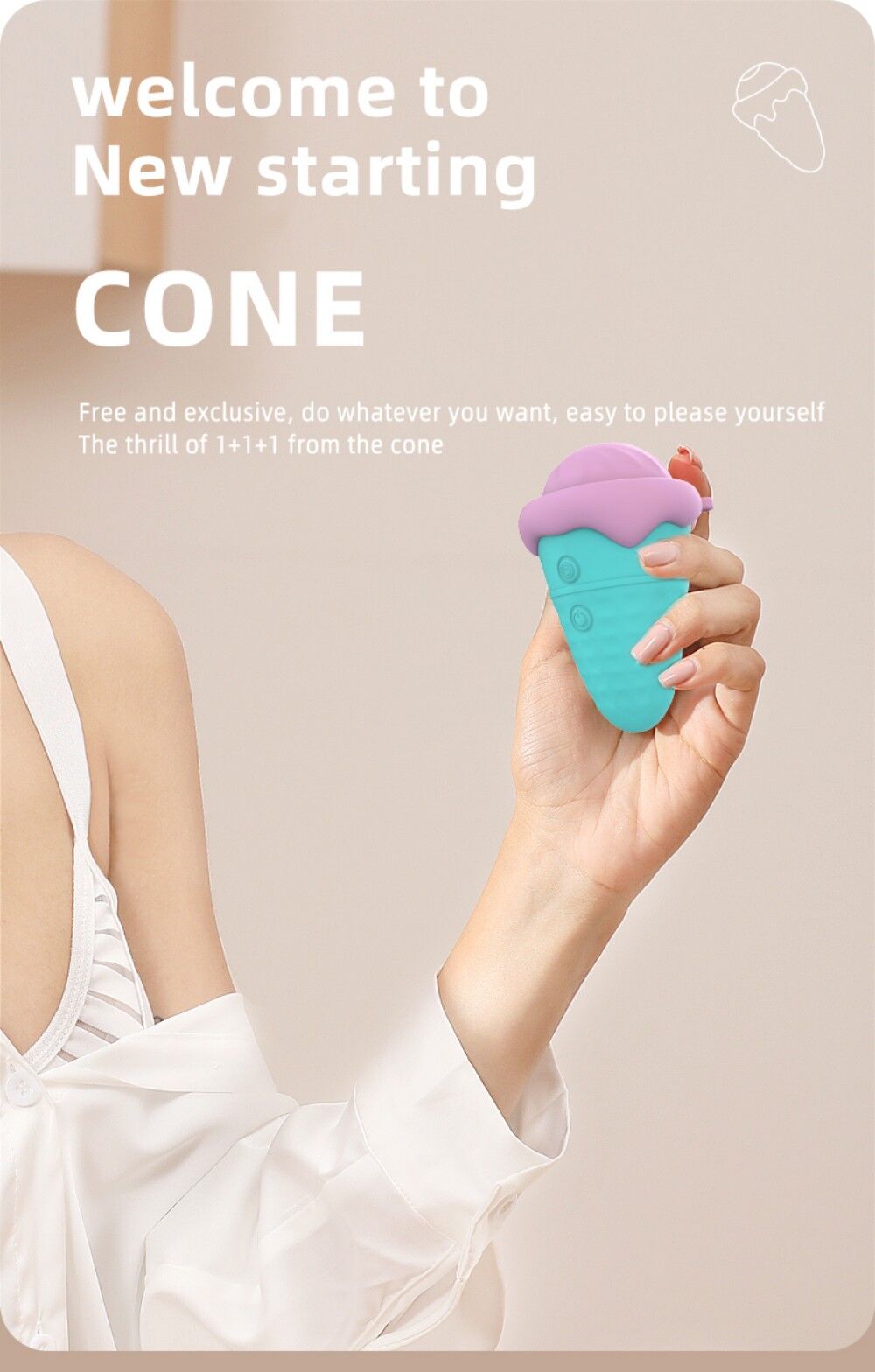 Person holding a colorful silicone product with promotional text on a beige background