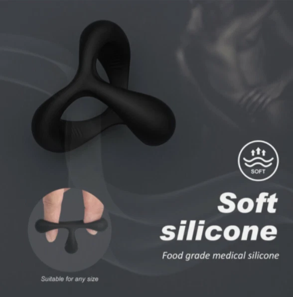 Black silicone product on a dark background with 'soft silicone' text and certification logo.