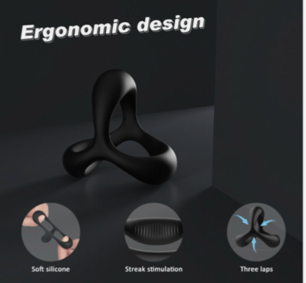 Black ergonomic device with features labeled on a dark background