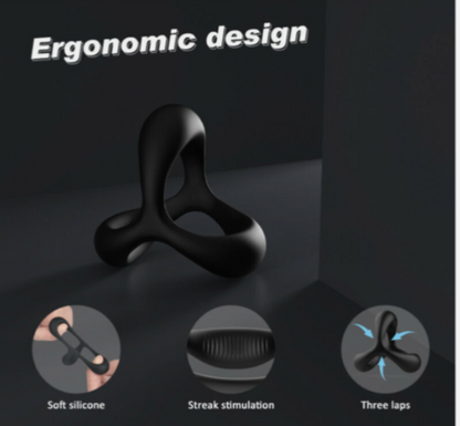 Black ergonomic device with features labeled on a dark background