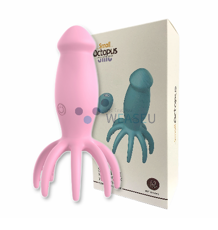 Pink octopus-shaped toy with a teal octopus illustration on a beige box.