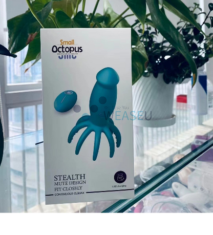 Box with a blue octopus design on a glass surface with plants in the background