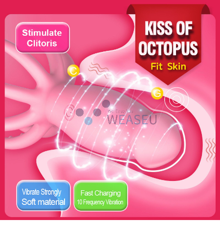 Product packaging for 'Kiss of Octopus' with text on stimulation and features.