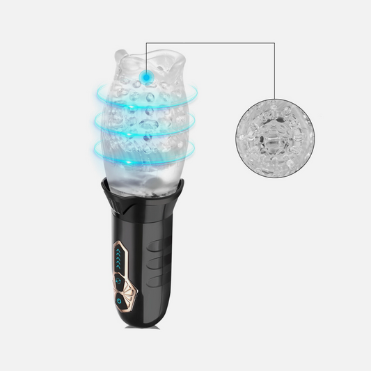 Electronic device with a clear cylindrical component and black base on a white background