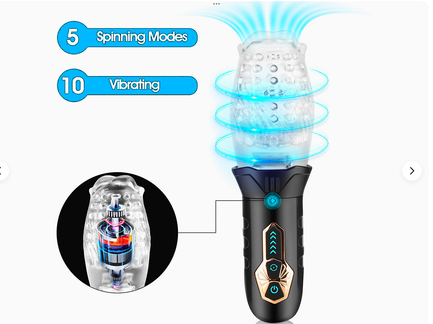 Sexual product with spinning and vibrating features on a white background