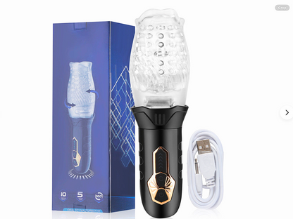 Black and gold personal device with packaging and USB cable on a white background