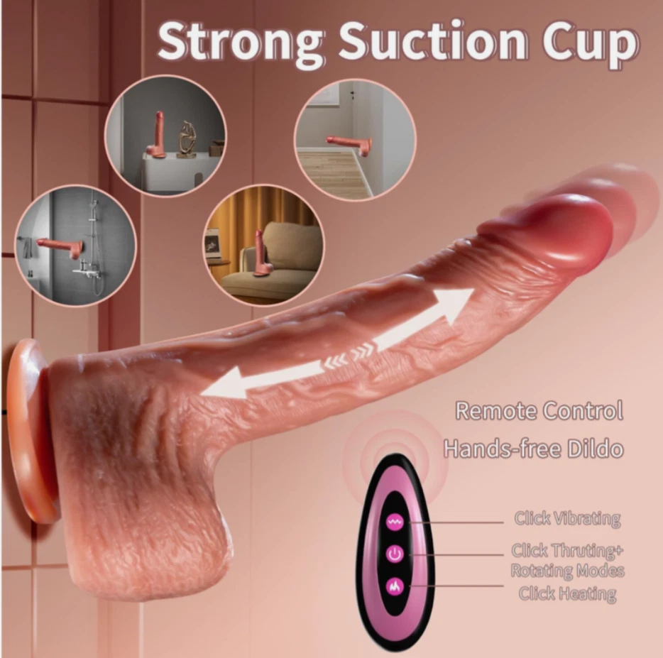 Product advertisement for a remote control hands-free dildo with strong suction cup feature.