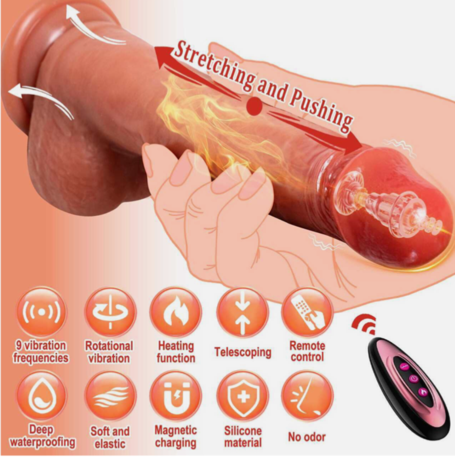 Sexual product with stretching and pushing mechanism, remote control, and various features listed.